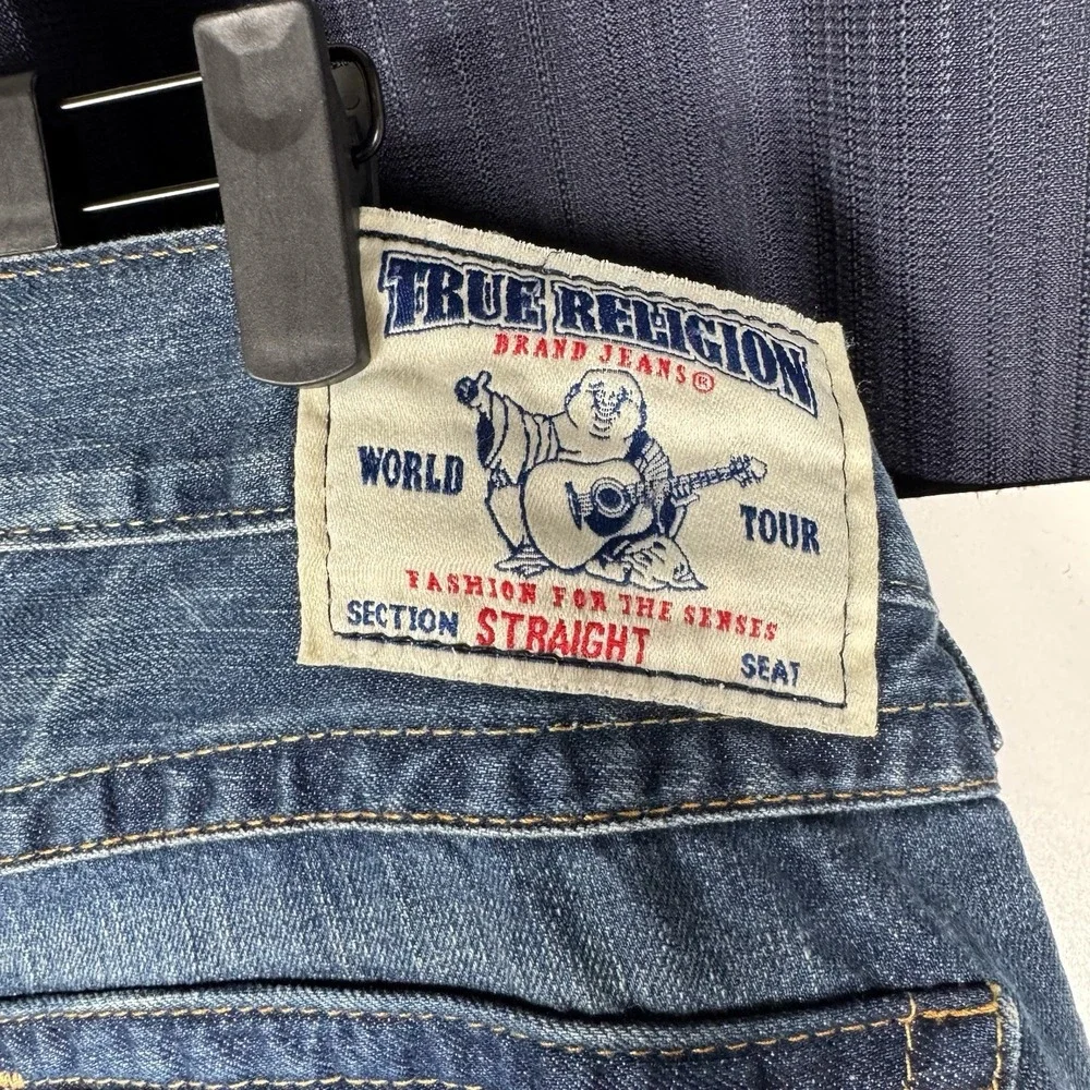 +Y2K True Religion Straight Leg Blue Jeans with Gold Embroidery Flaps - 38x32